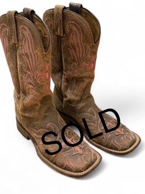 Tony Lama Brown Leather Western Boots with Pink Embroidery